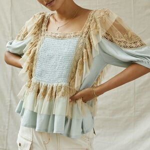 NWT $128 Anthropologie Lace Detail Top in Cream and Blue Forever That Girl